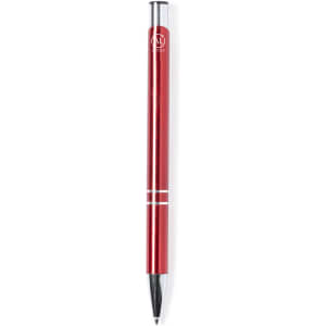 A red metal pen with a silver clip and accents, featuring a logo at the top.
