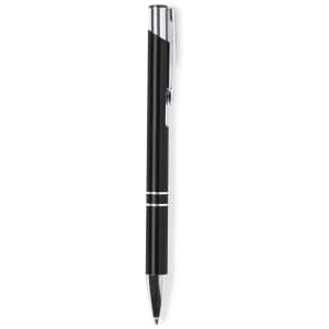 A black metal pen with a chrome clip and accent band, featuring a logo on the barrel.