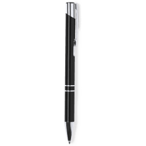 A metal pen in black with a silver clip and accents, featuring a sleek design and logo.