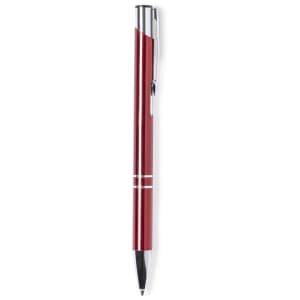 A red metal pen with a silver clip and accents, featuring a sleek design and a logo.