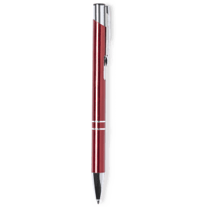 A red metal pen with a chrome clip and accents, featuring a sleek design. It has a branding logo on the side.