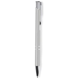 A metal pen in silver with chrome accents, featuring a sleek design and a clip.