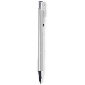 A sleek silver metal pen with a polished chrome clip and tip, featuring a branding logo.
