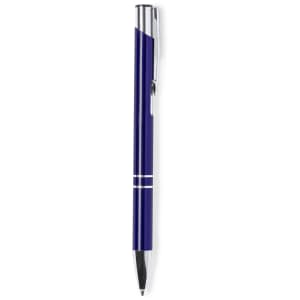 A metal pen in deep blue with chrome accents, featuring a sleek design and a logo on its body.