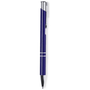 A metal pen in a rich blue colour with chrome accents, featuring a sleek design and a logo on the barrel.