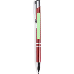 A red metal pen with a shiny silver accent and a branding area on the barrel.