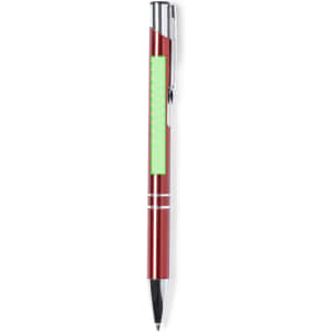 A metal pen in red with silver accents and a green section for personalisation.