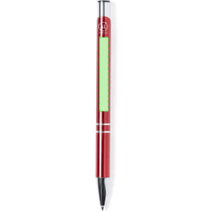 A red metal pen with a green section and silver accents, featuring a branded logo.