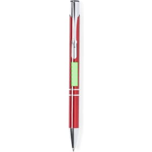 A metal pen with a red body, silver accents, and a small branding area.