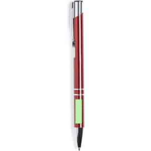 A metal pen in a glossy red finish with a silver clip and green branding section.