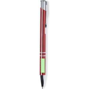 A metal pen in a shiny red finish with a silver clip and a green accent on the barrel.