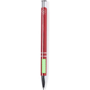 A red metal pen with silver accents and a branding logo. The pen features a green section for grip.