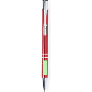 A red metal pen with a silver tip and clip, featuring a green accent and a logo.