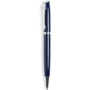 A metal pen in navy blue with a silver accent and a clip. The pen has a sleek, modern design.