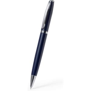 A metal pen in dark blue with chrome accents and a branded logo.