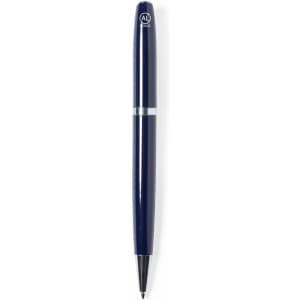 A metal pen in navy blue with a silver band and a logo on the upper part.