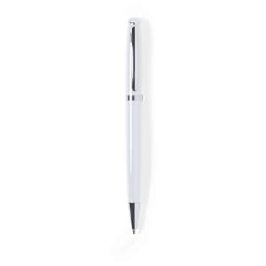 A metal pen in white with chrome detailing and a sleek design. It features a logo on the body.