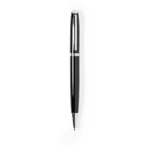 A metal pen in black with a silver clip and accents, featuring a logo on the barrel.