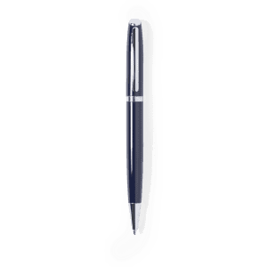 A metal pen in navy blue with a sleek design and a silver accent, featuring a logo on the barrel.