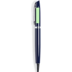 A blue metal pen with a sleek design and a silver clip. It features a blank area for branding.
