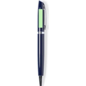 A metal pen in navy blue with a green accent and a silver clip. Features a branding logo.