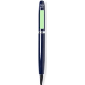A metal pen in navy blue with a green accent and a logo on the barrel.