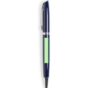 A metal pen in navy blue with a silver trim and a blank area for branding.