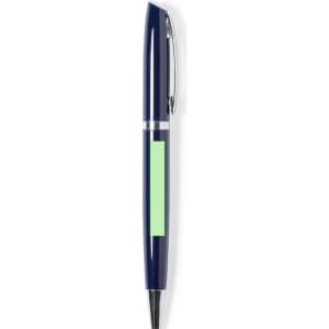 A metal pen in navy blue with a silver accent and a green section. It features a logo on the surface.
