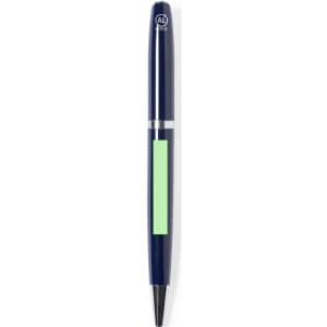 A metal pen in navy blue with a silver band and a green highlight, featuring a logo.