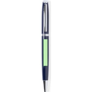 A metal pen in navy blue with a shiny silver clip. The pen features a blank area for branding.