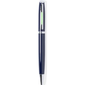 A metal pen in navy blue with a silver trim and a green accent, featuring a logo on the side.