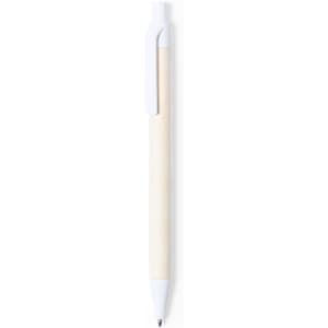 A pen with a white tip and a natural wood barrel, featuring a clip and branding on the side.