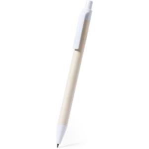 A white pen with a natural wooden barrel and a white clip, featuring a logo.