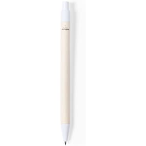 A pen with a wooden body, white tip, and clip, featuring a logo on the side.