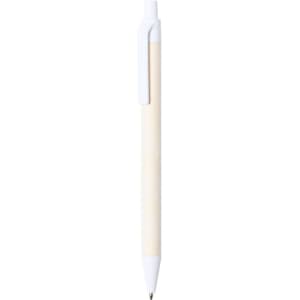 A pen featuring a natural wood and white design, including a clip and a ballpoint tip.