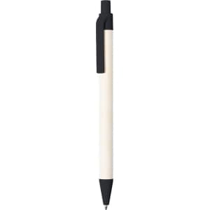 A black and white pen with a sleek design and a clip. The pen features a logo on its surface.