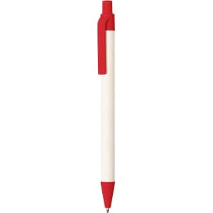 A white pen with a red clip and tip, featuring a logo on the body.