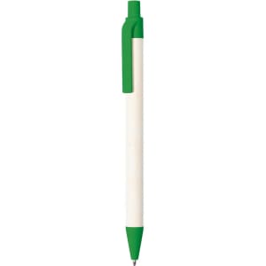 A pen with a white body and a green grip, featuring a clip and a ballpoint tip. It has a logo on the barrel.