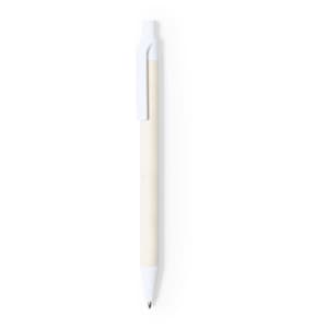 A sleek white and natural wood pen with a clip, featuring a streamlined design and logo branding.
