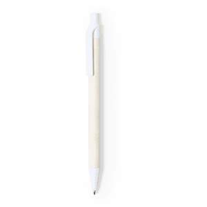A white and beige pen with a clip and a branded logo on the barrel.