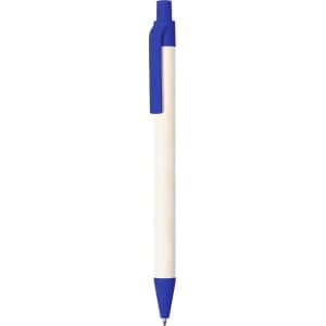 A blue and white pen with a clip and a logo on the body.