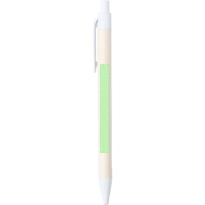 A pen with a bamboo body, green accent, and white tip, featuring a clip and branding.
