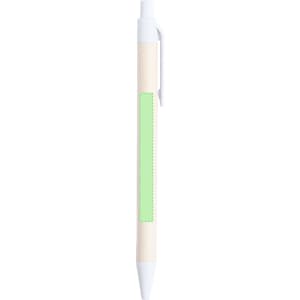 A white and light green pen with a smooth body and a clip, featuring a blank area for custom branding.