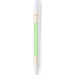 A Roliok pen featuring a white tip and a light wood body with a green section, along with a logo on the design.