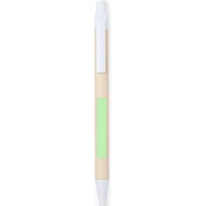 A pen with a light wooden body and green accent, featuring a white clip and tip. The pen has a logo.