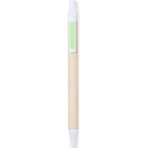 A pen featuring a wooden barrel and white accents, with a light green section. It has a logo present.