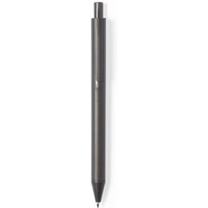 A black pen with a sleek design, featuring a clip and a pointed tip, along with a logo.