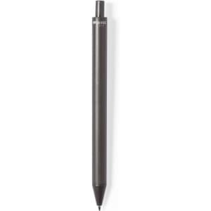 A sleek black pen with a modern design and a logo at the top. It has a removable cap and a pointed tip.