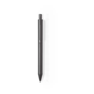 A black pen with a sleek design, featuring a pointed tip and a simple branding logo.