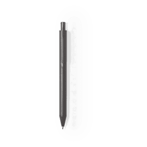 A sleek black pen with a simple design, featuring a branding logo near the top.
